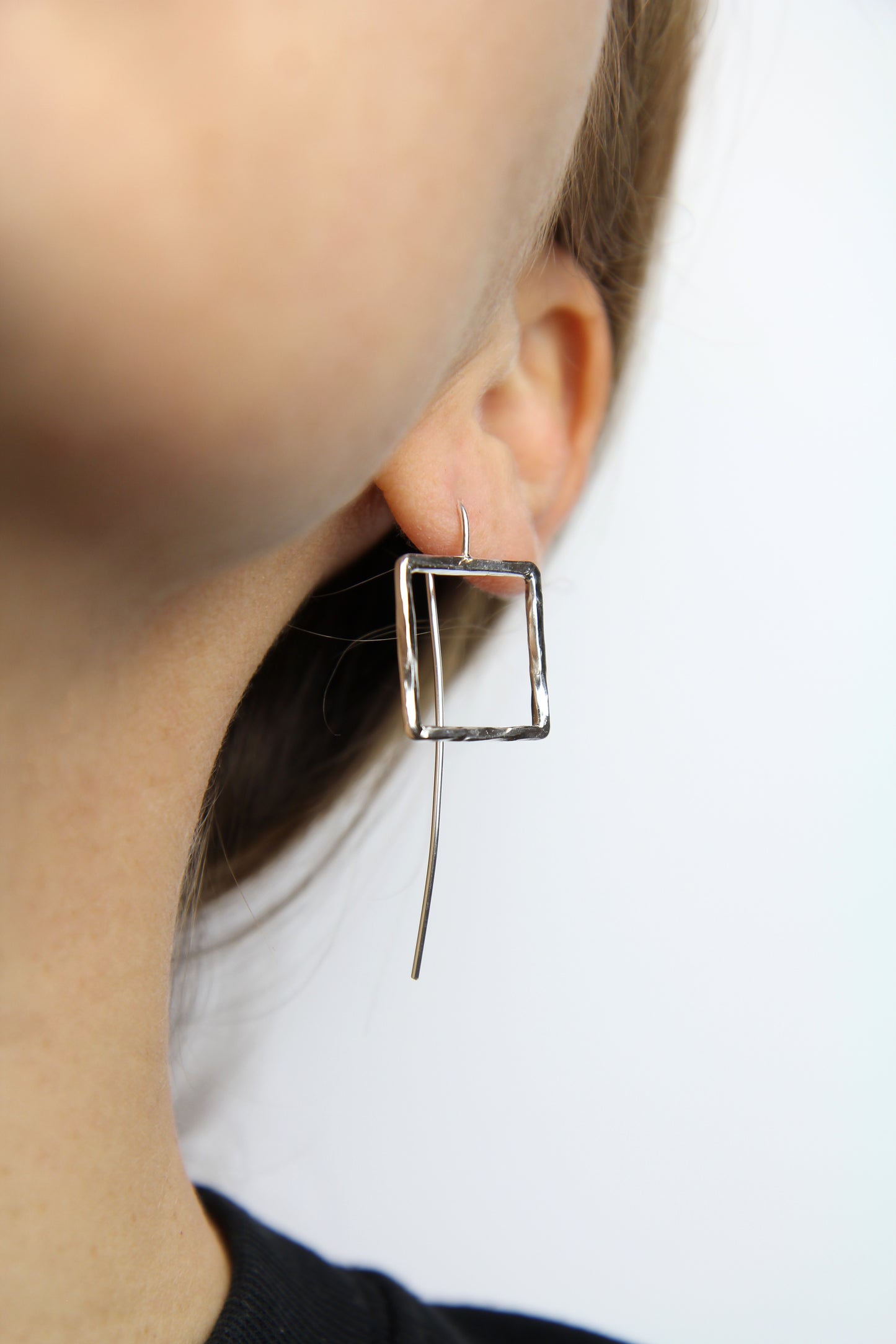 Hammered Square Silver Hook Earrings