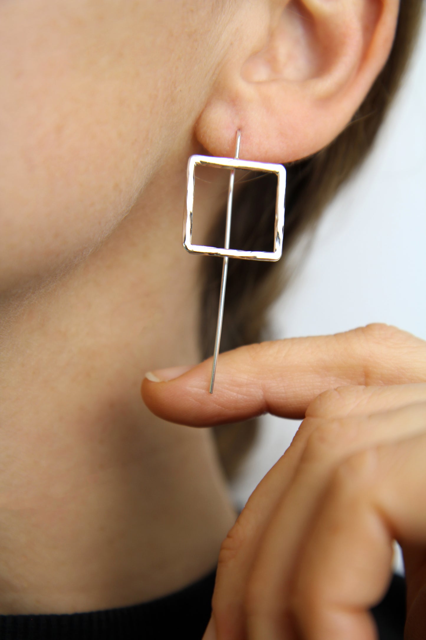 Hammered Square Silver Hook Earrings