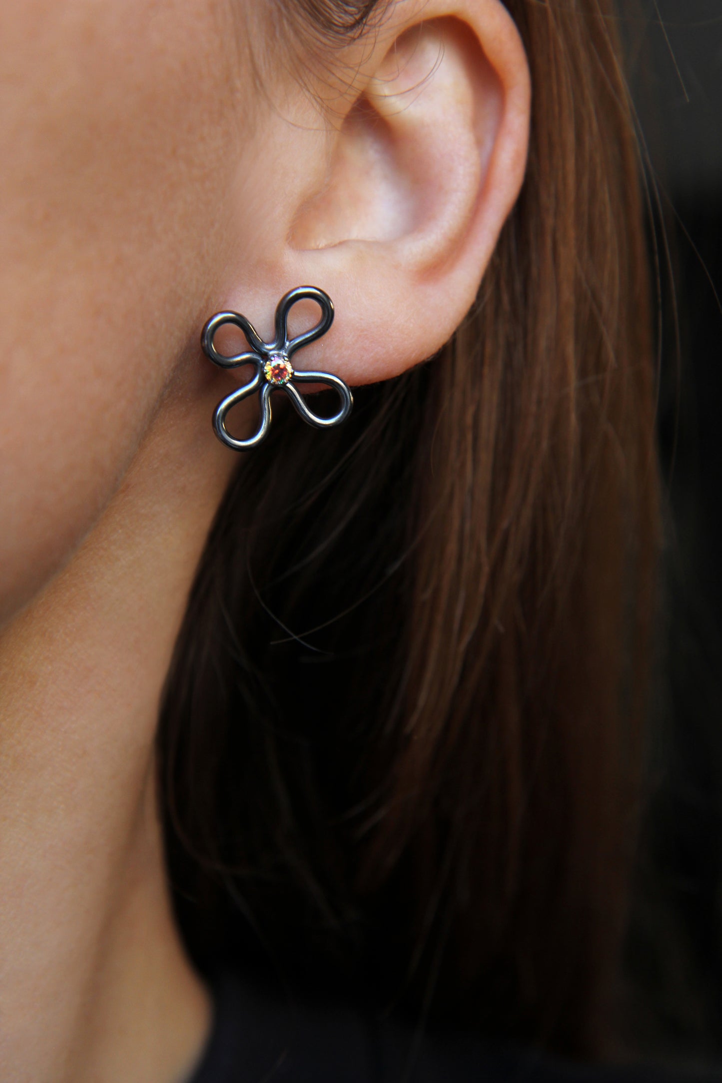 Dark Silver Clover Earrings With Zircon