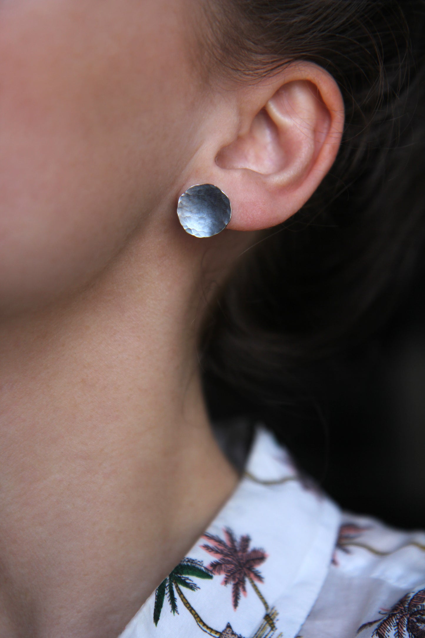 Black Hammered Circle Silver Earrings