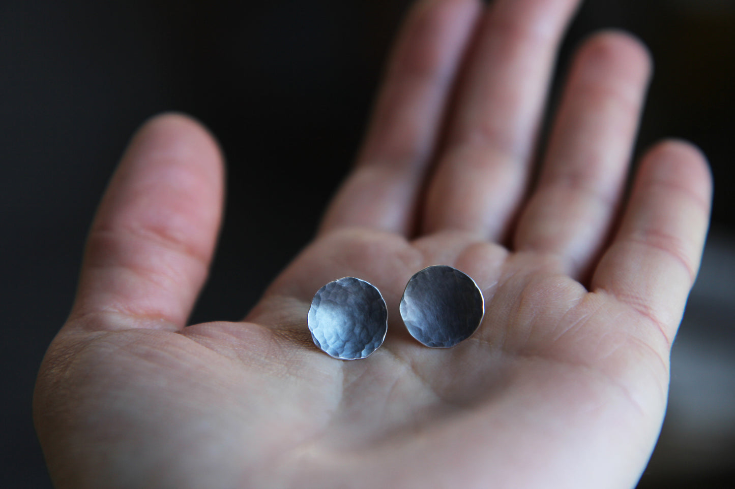 Black Hammered Circle Silver Earrings