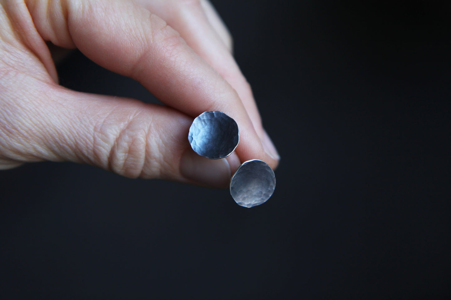 Black Hammered Circle Silver Earrings