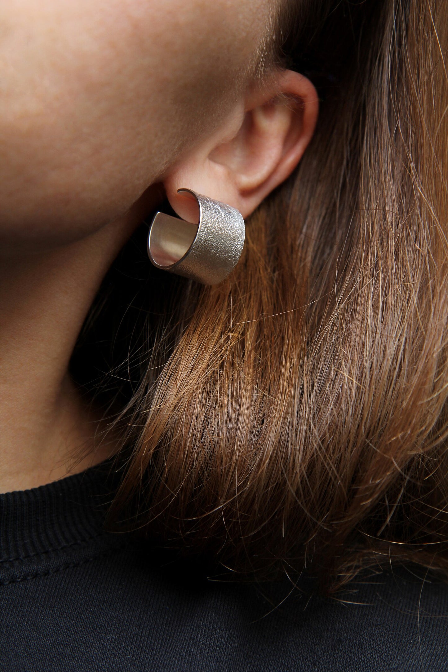 Wide Textured Silver Hoop Earrings
