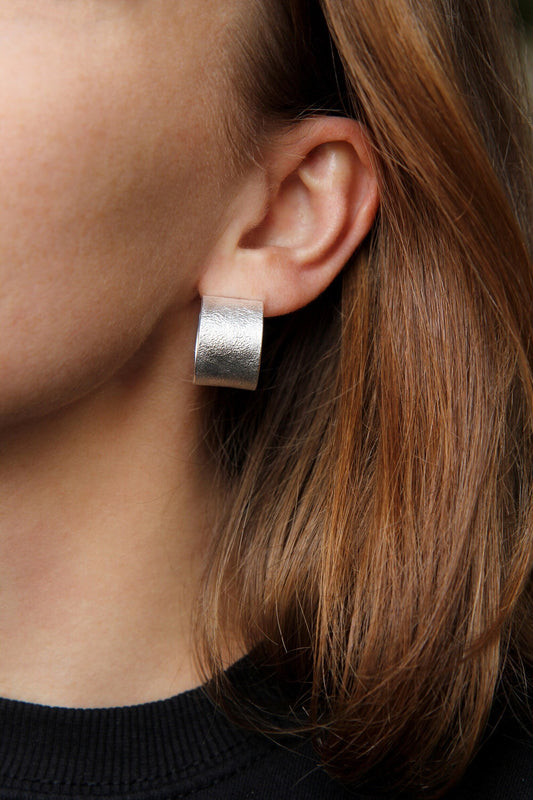 Wide Textured Silver Hoop Earrings