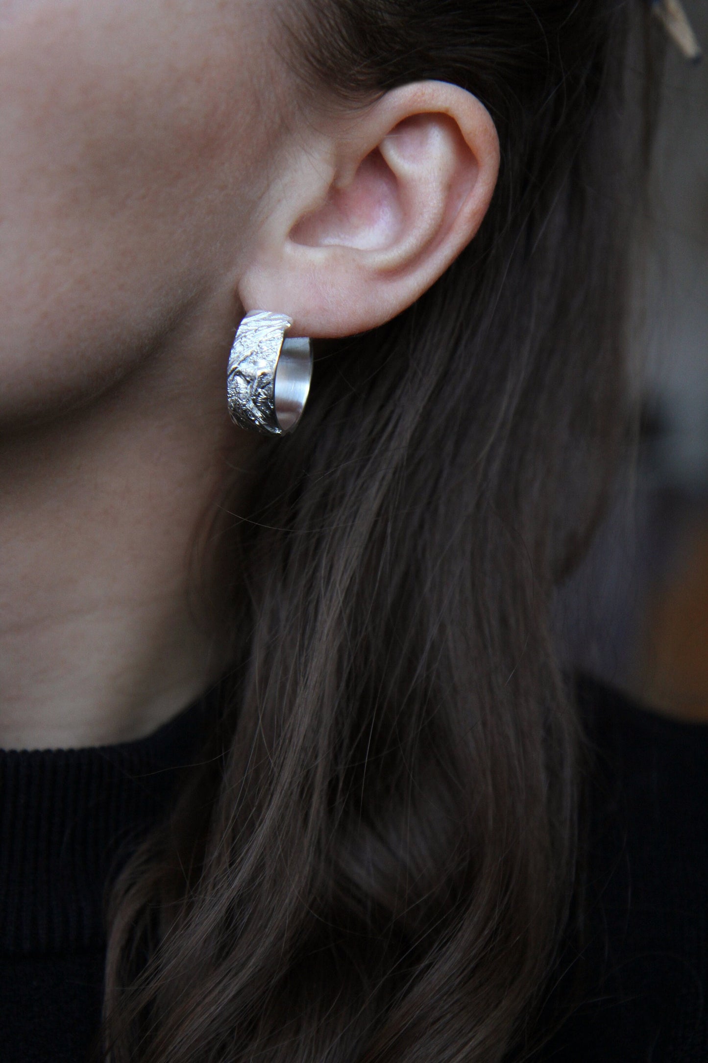 Bold Textured Silver Hoop Earrings