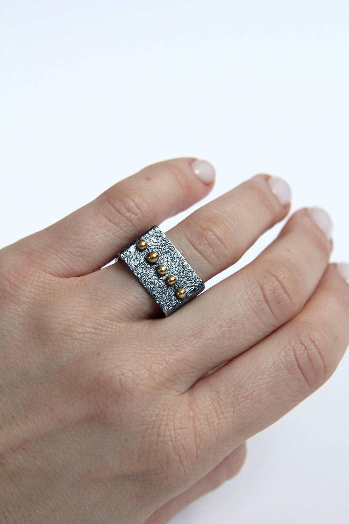 Bold Silver Square Ring With Silver Beads SQUAREish