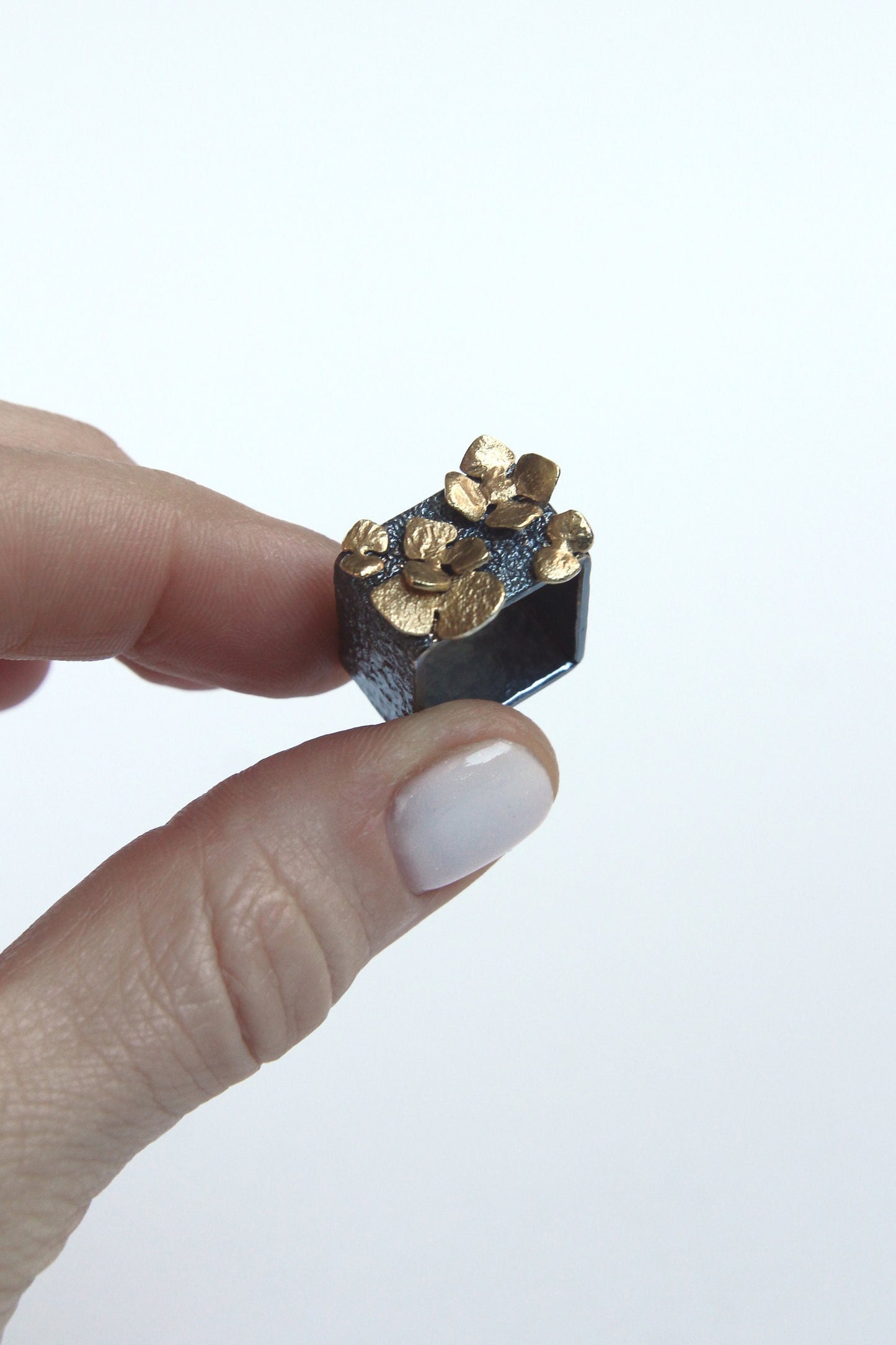 Wide Silver Square Ring With Flowers