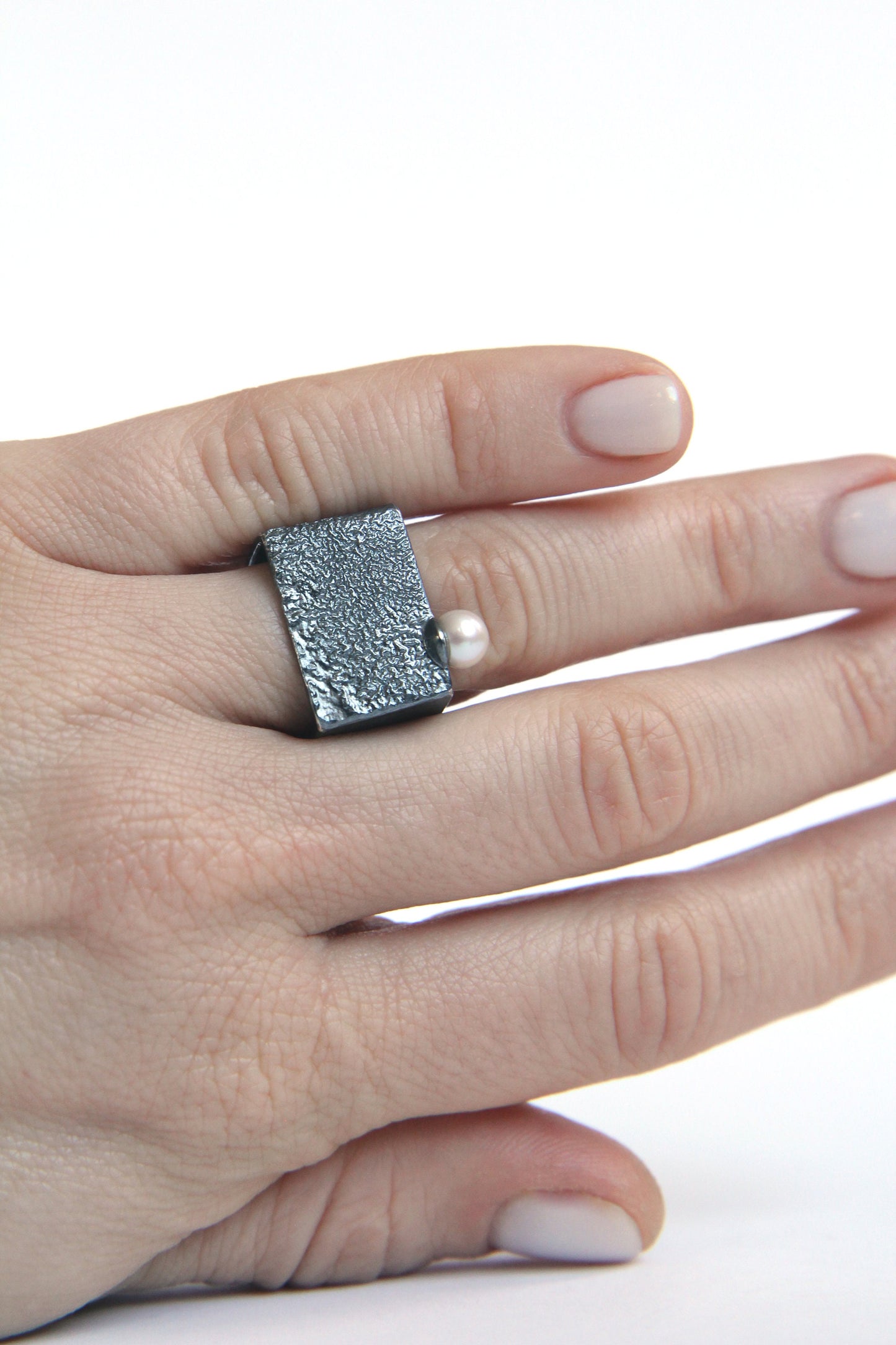 Bold Silver Square Ring With Pearl SQUAREish