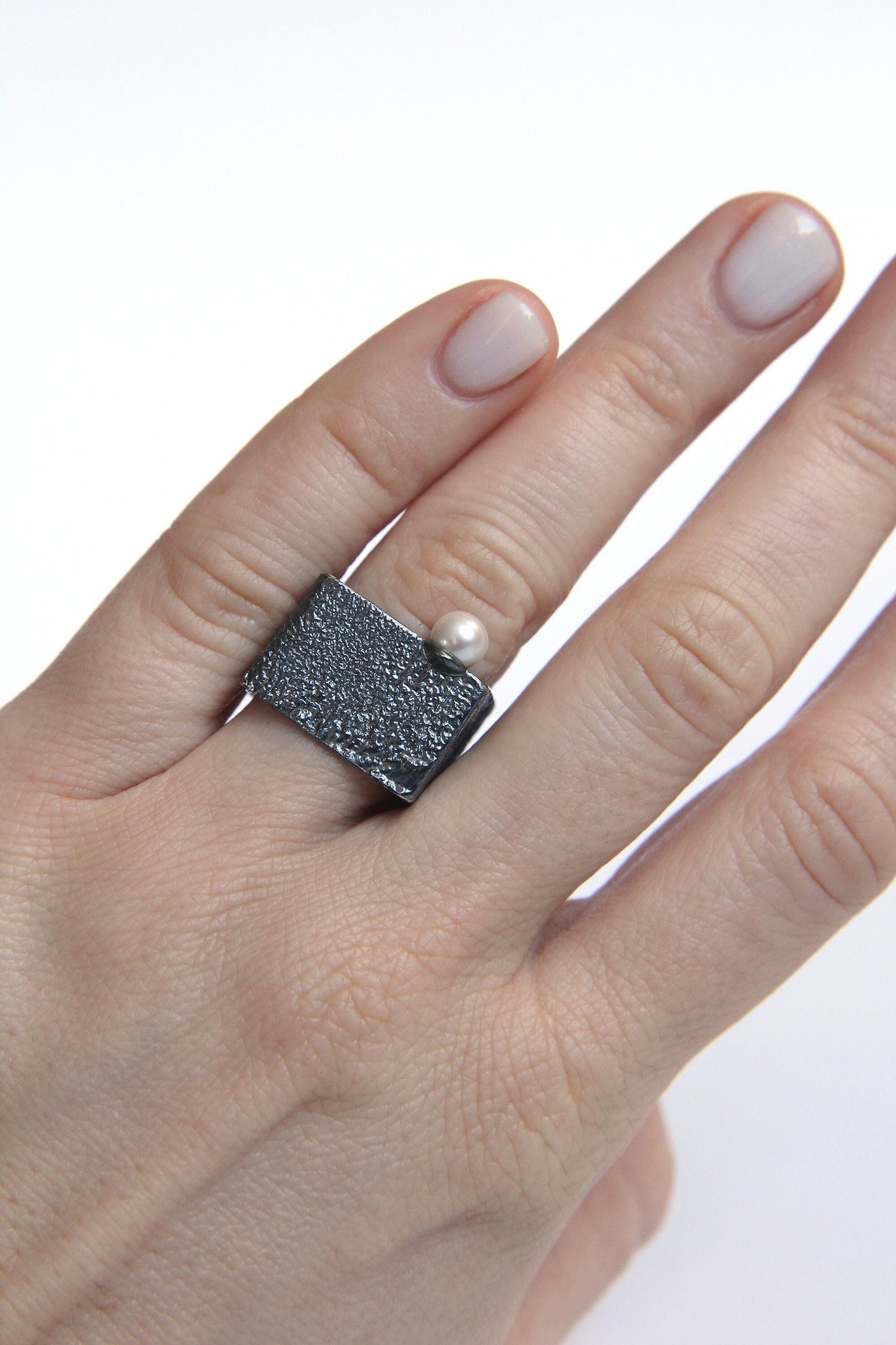 Wide Silver Square Ring With Pearl