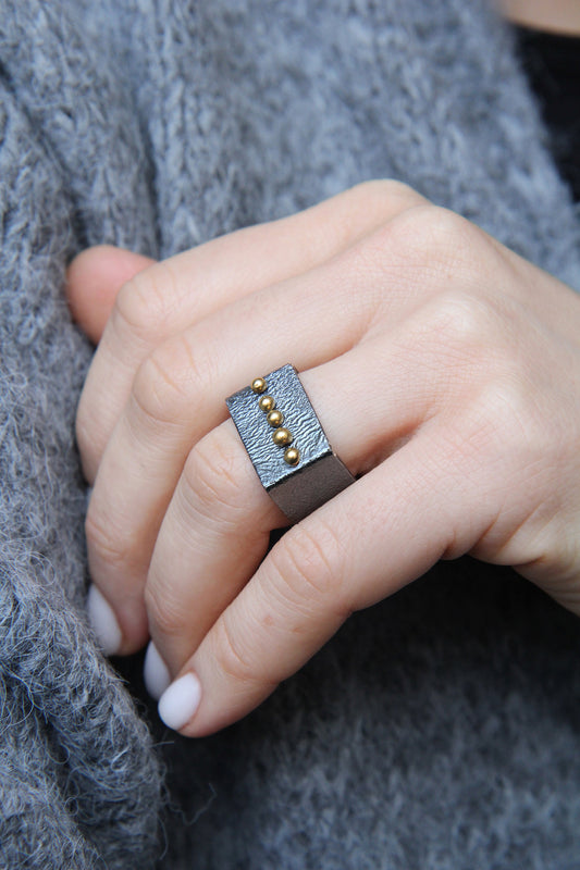 Wide Silver Square Ring With Silver Beads