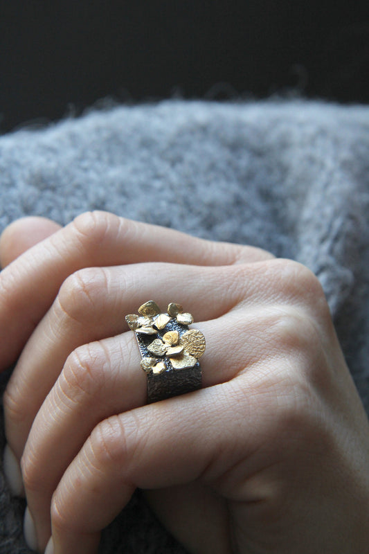 Wide Silver Square Ring With Flowers