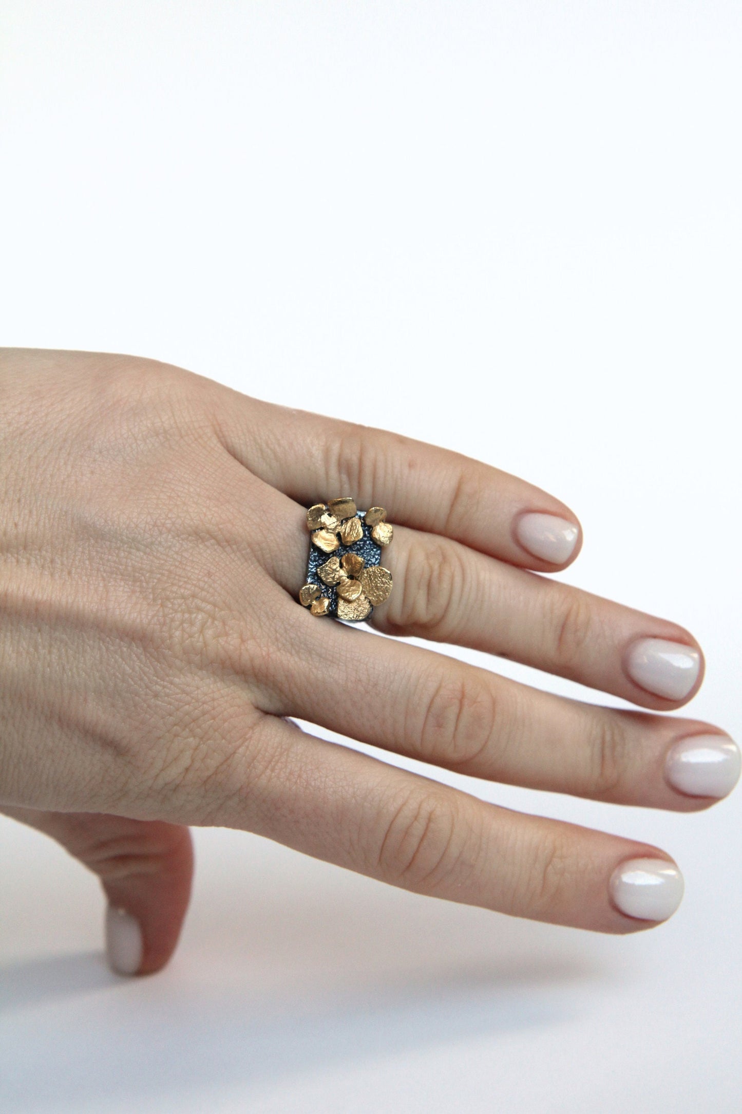 Wide Silver Square Ring With Flowers
