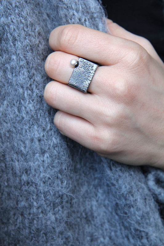 Wide Silver Square Ring With Pearl