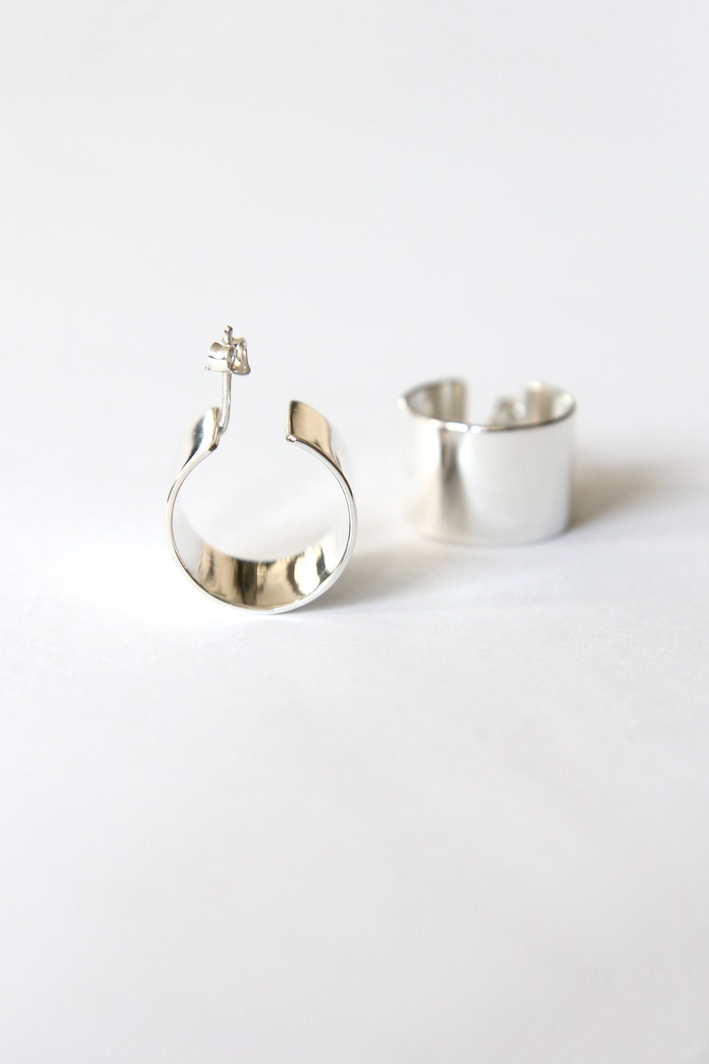 Wide Polished Silver Hoop Earrings