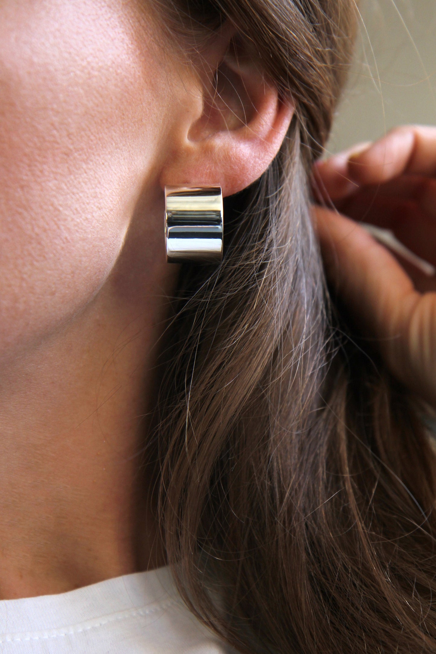 Wide Polished Silver Hoop Earrings