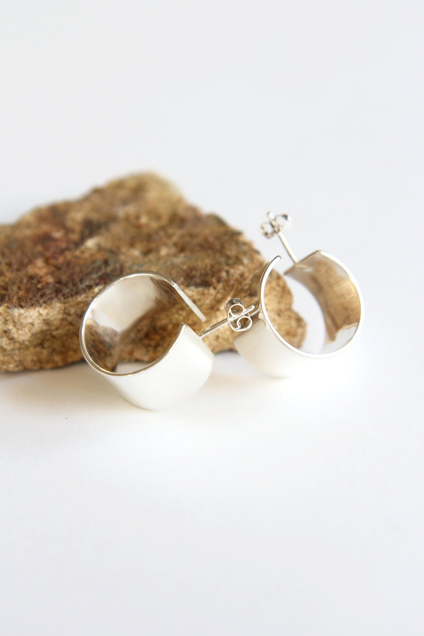 Wide Polished Silver Hoop Earrings