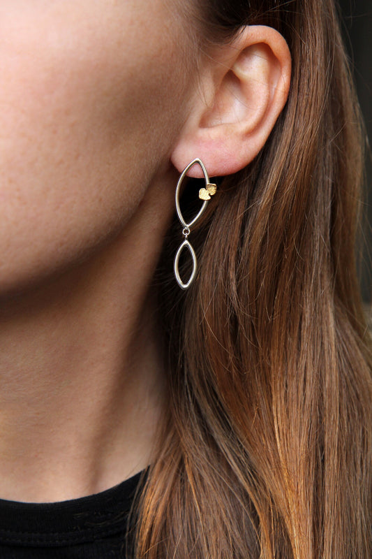 Botanical Silver Earring With Golden Leaves