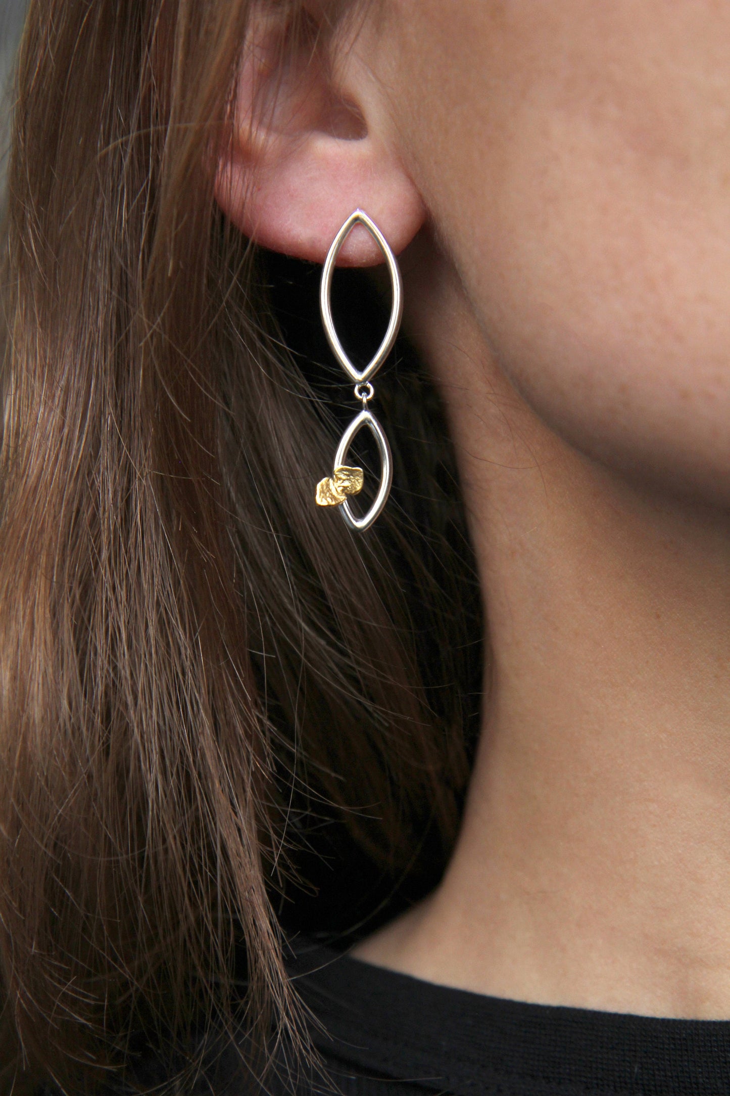 Botanical Silver Earring With Golden Leaves