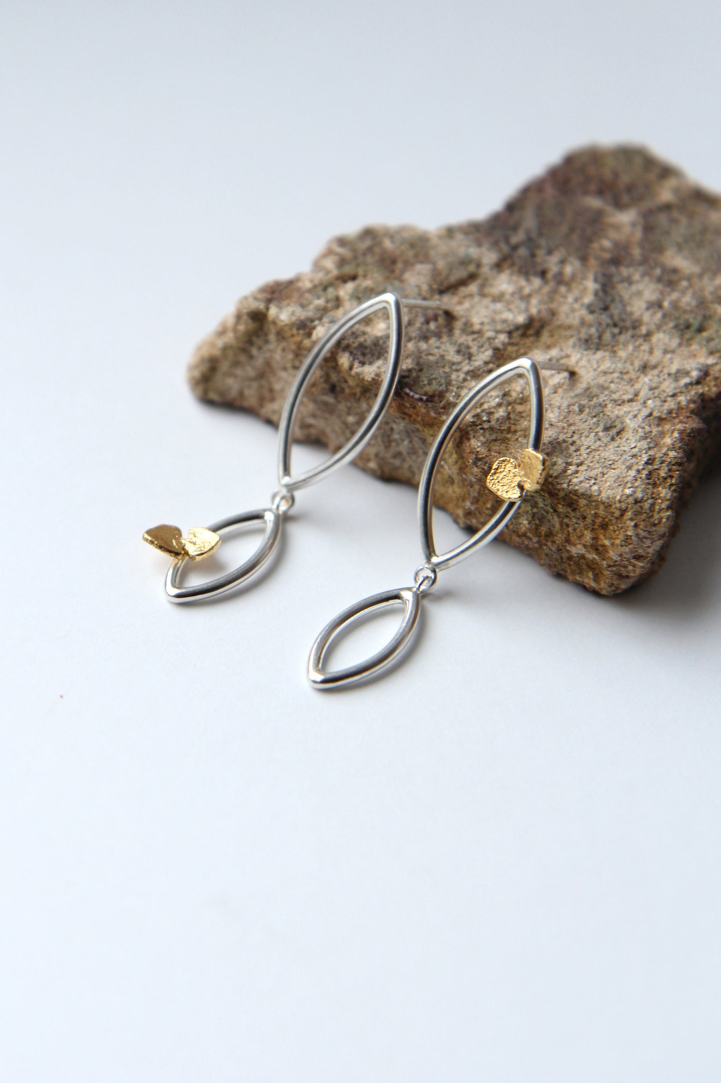 Botanical Silver Earring With Golden Leaves