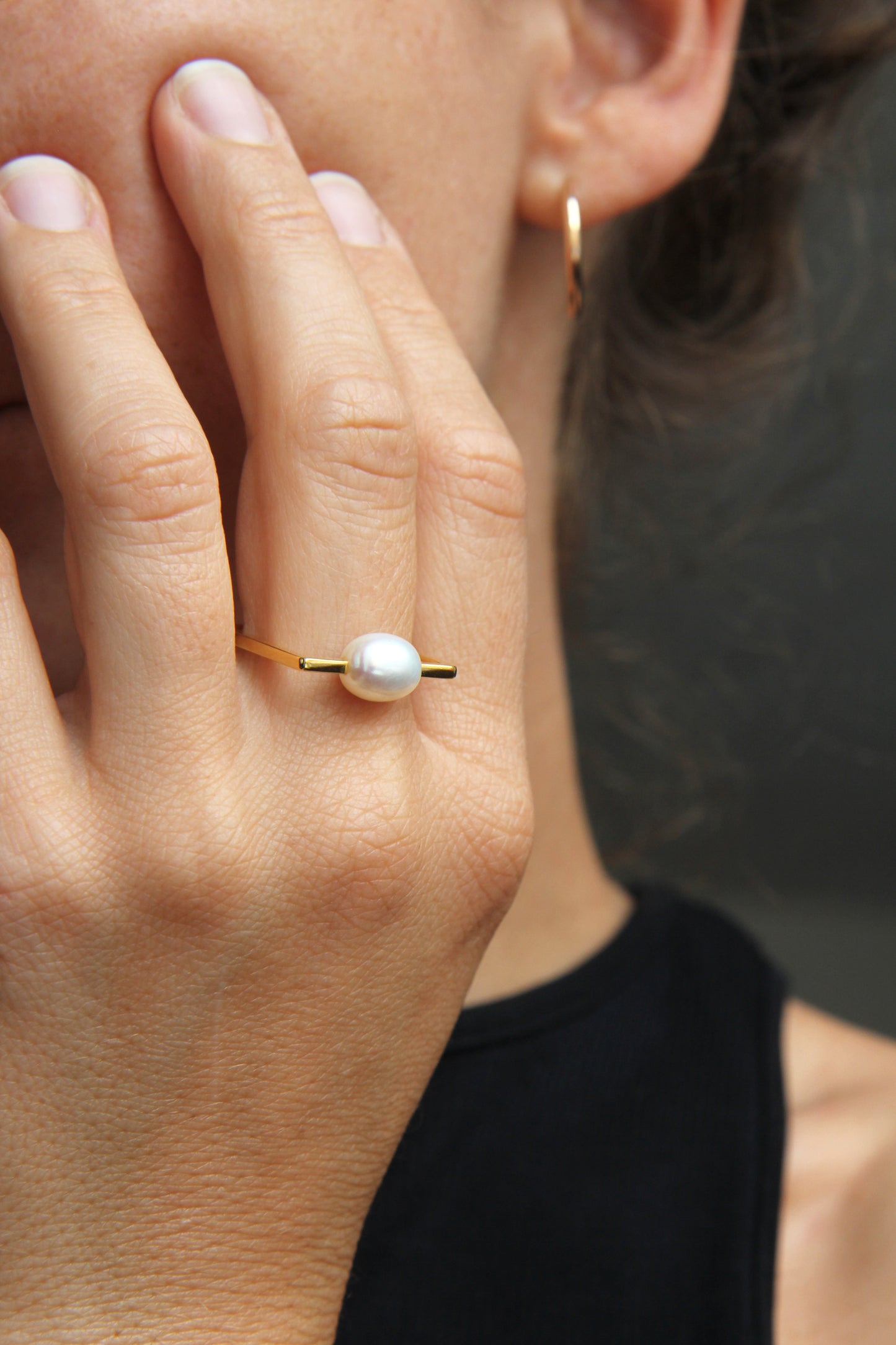 Fine Gold-plated Silver Square Ring with Pearl