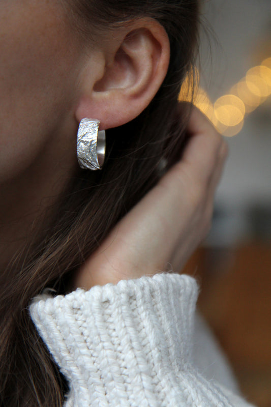 Bold Textured Silver Hoop Earrings