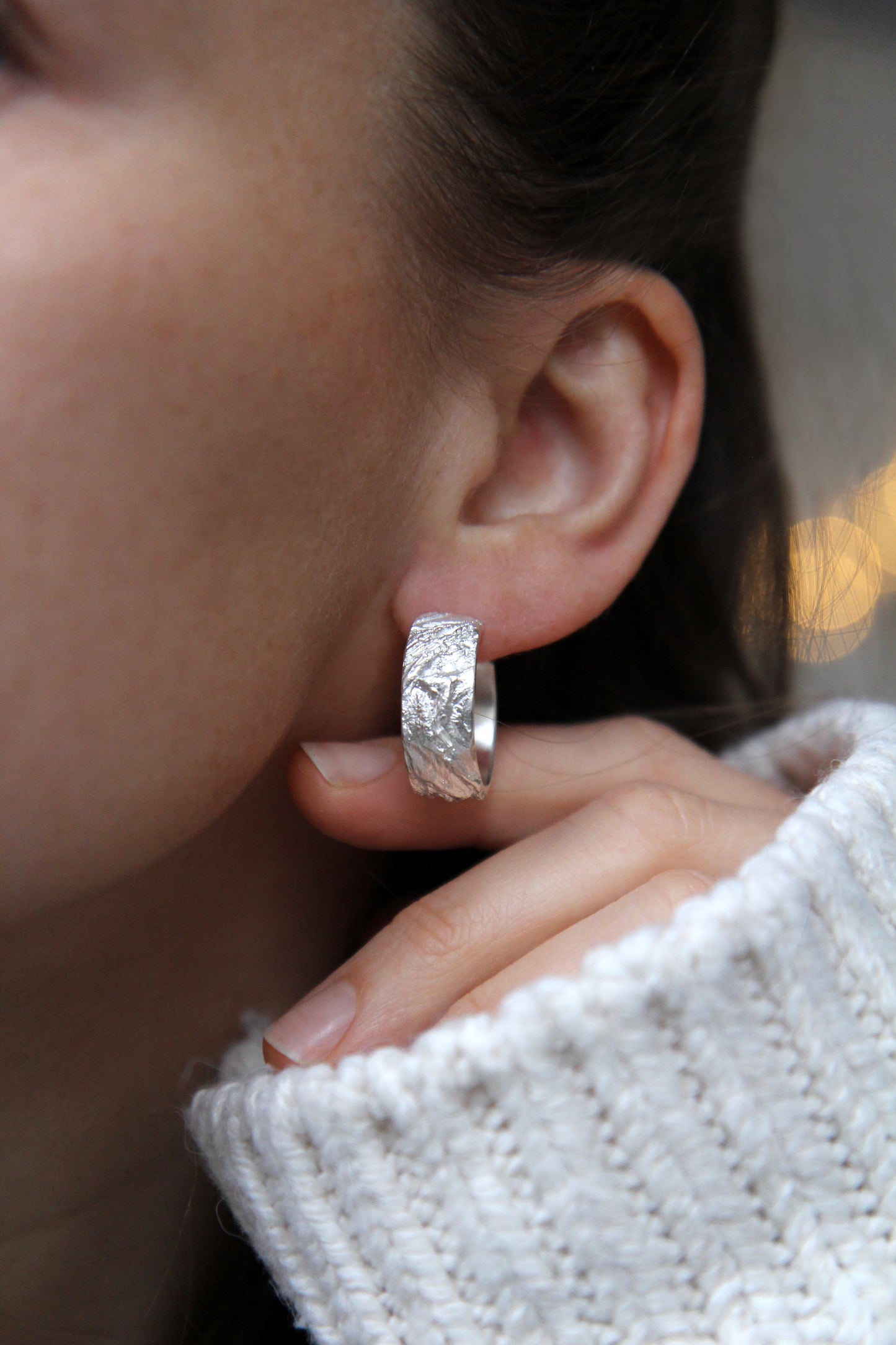 Bold Textured Silver Hoop Earrings