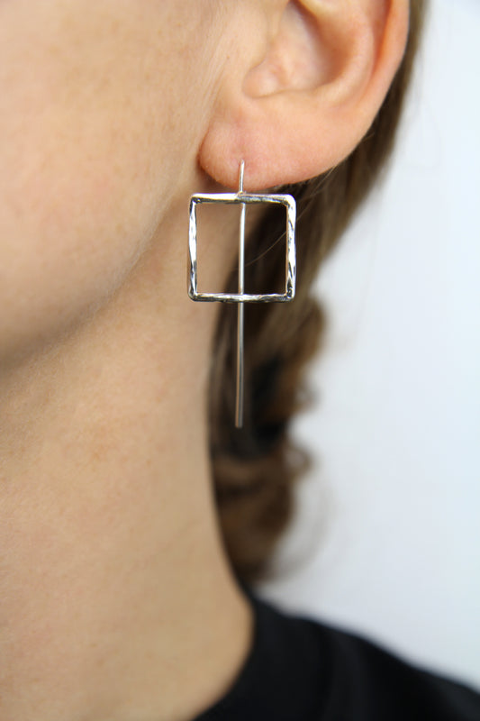 Hammered Square Silver Hook Earrings