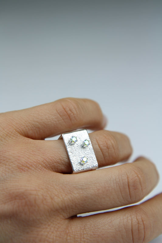 Wide Silver Square Ring With Rainbow Zircons