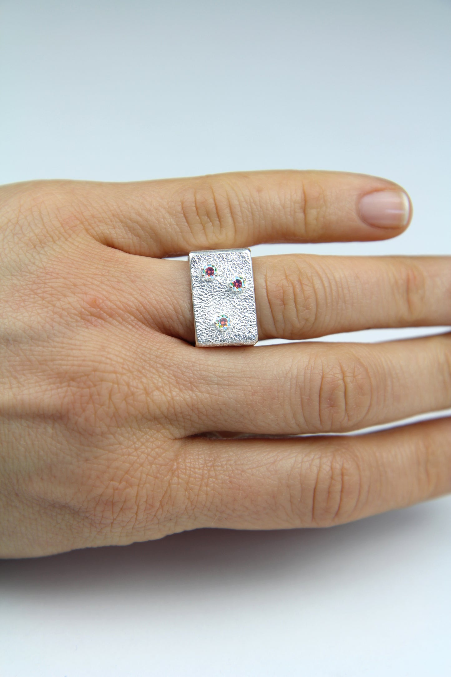 Wide Silver Square Ring With Rainbow Zircons