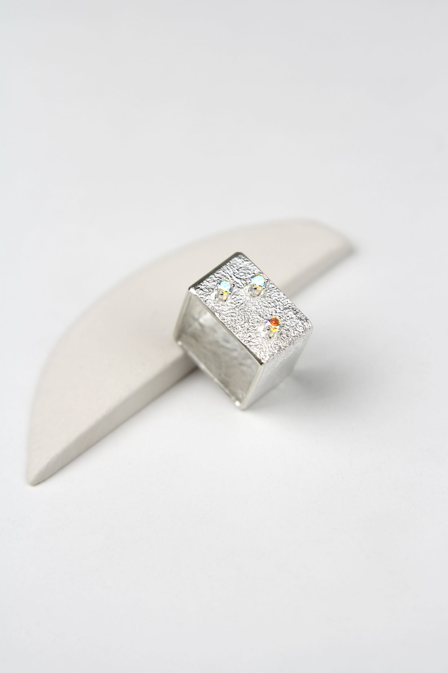 Wide Silver Square Ring With Rainbow Zircons