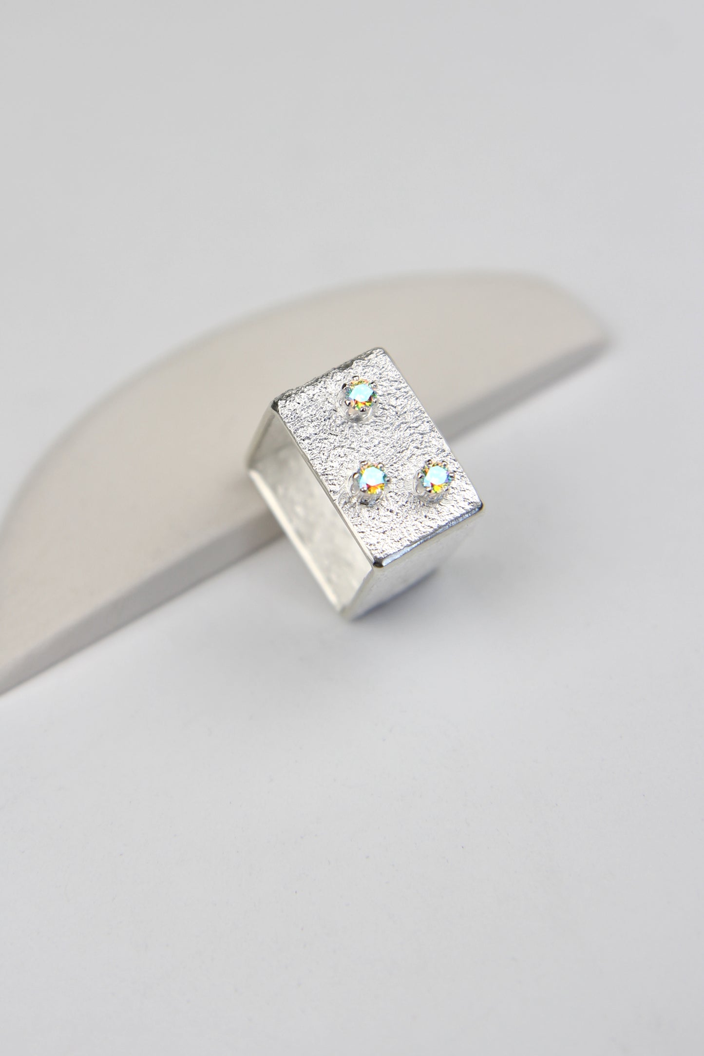 Wide Silver Square Ring With Rainbow Zircons