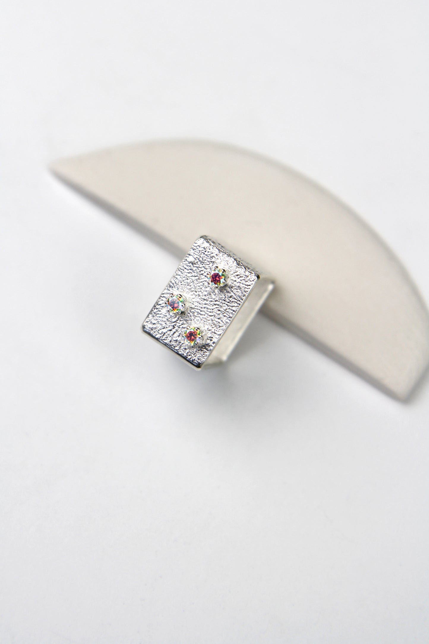 Wide Silver Square Ring With Rainbow Zircons