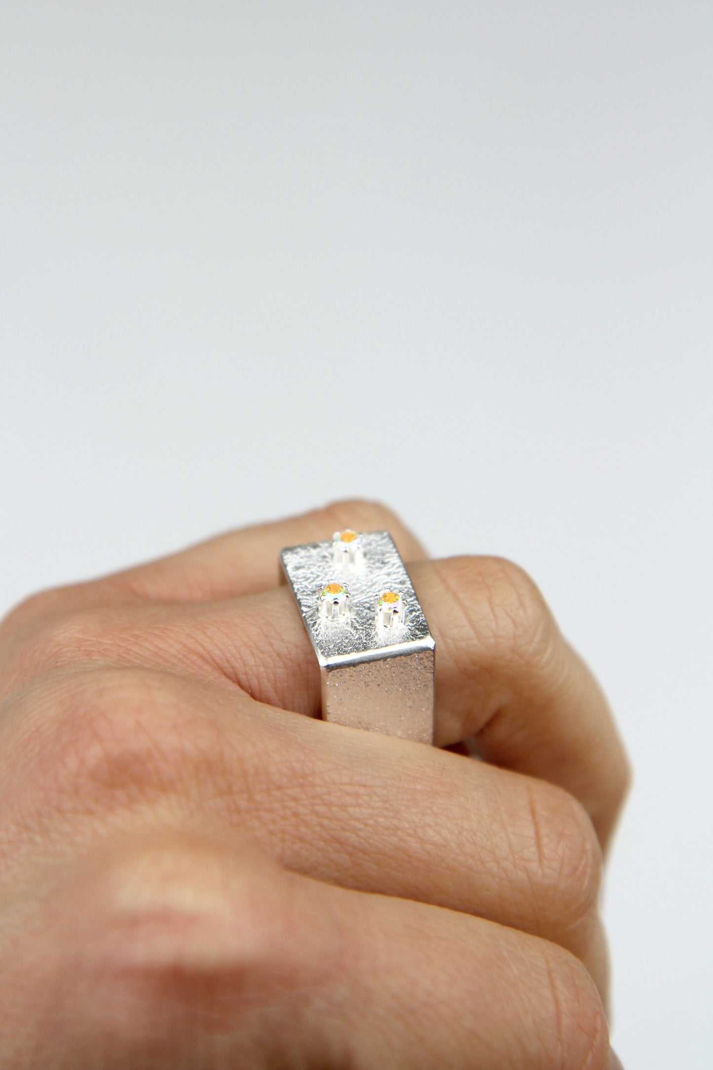 Wide Silver Square Ring With Rainbow Zircons