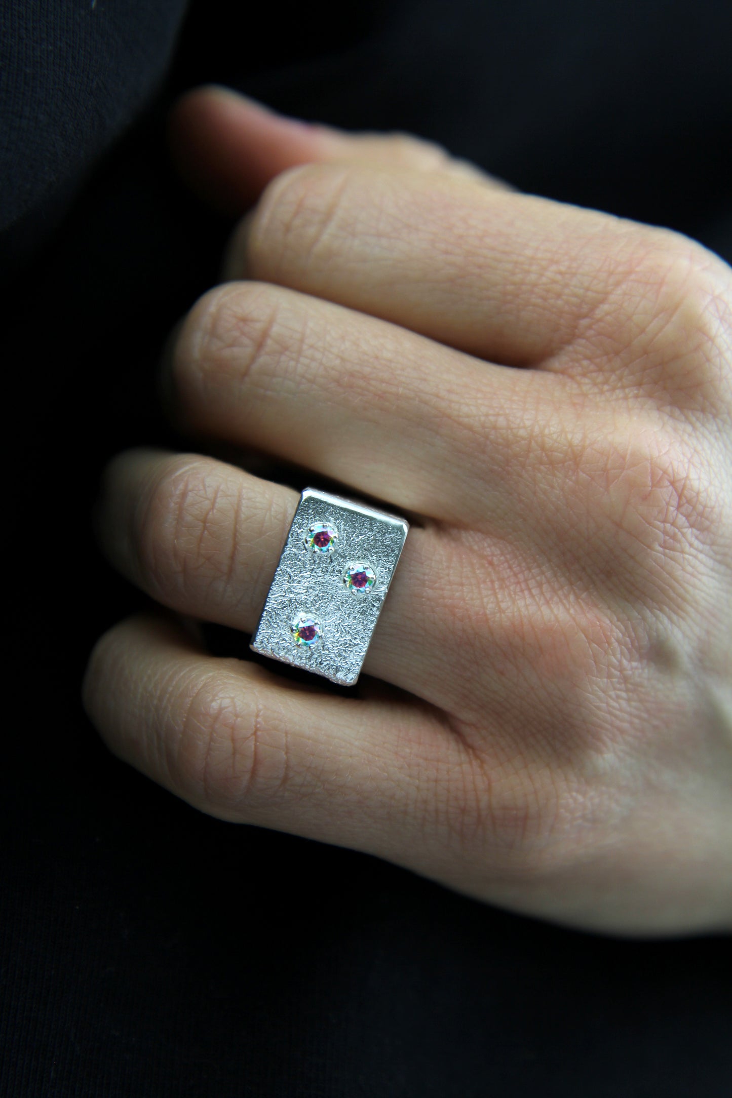 Wide Silver Square Ring With Rainbow Zircons