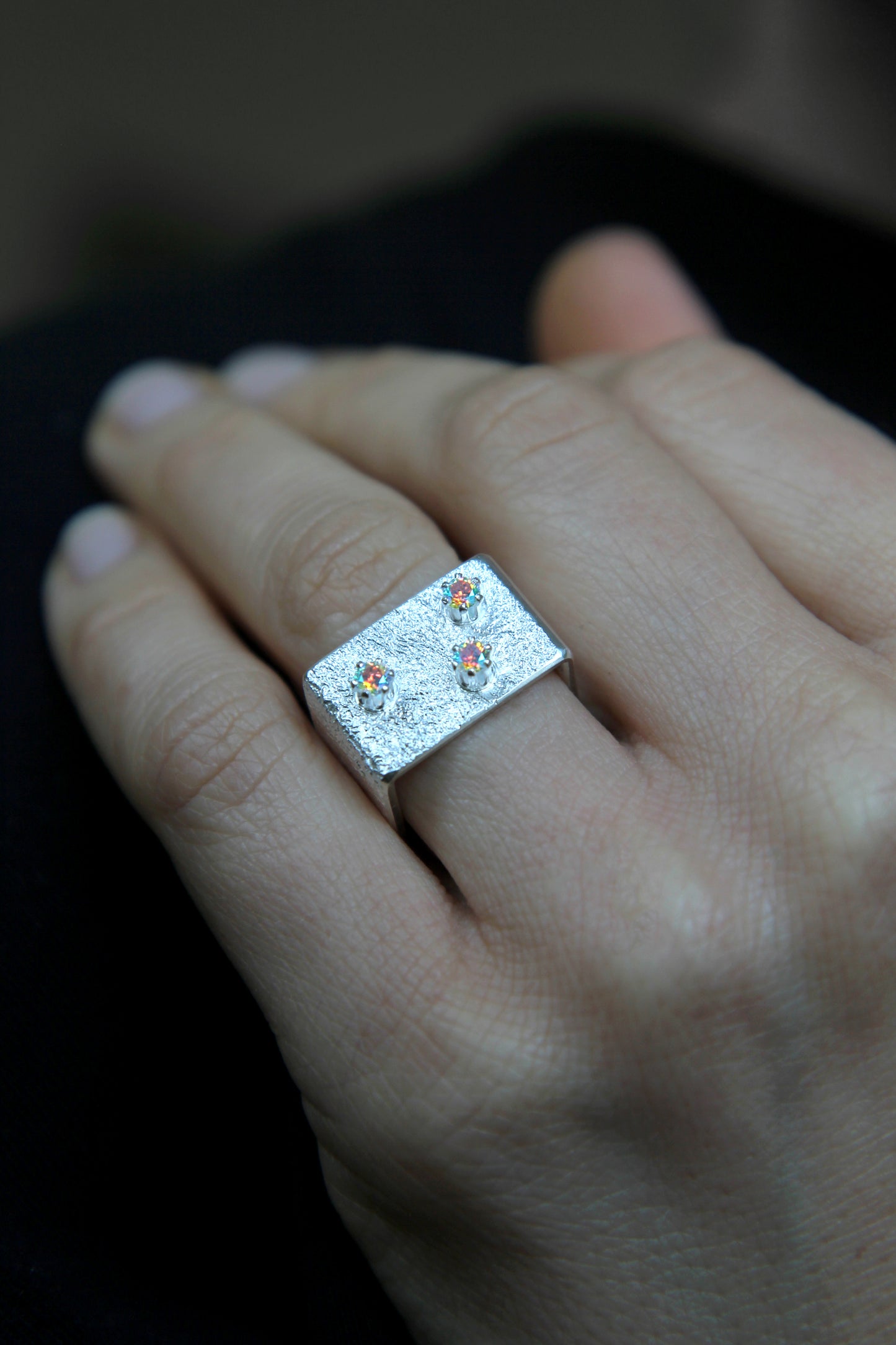 Wide Silver Square Ring With Rainbow Zircons