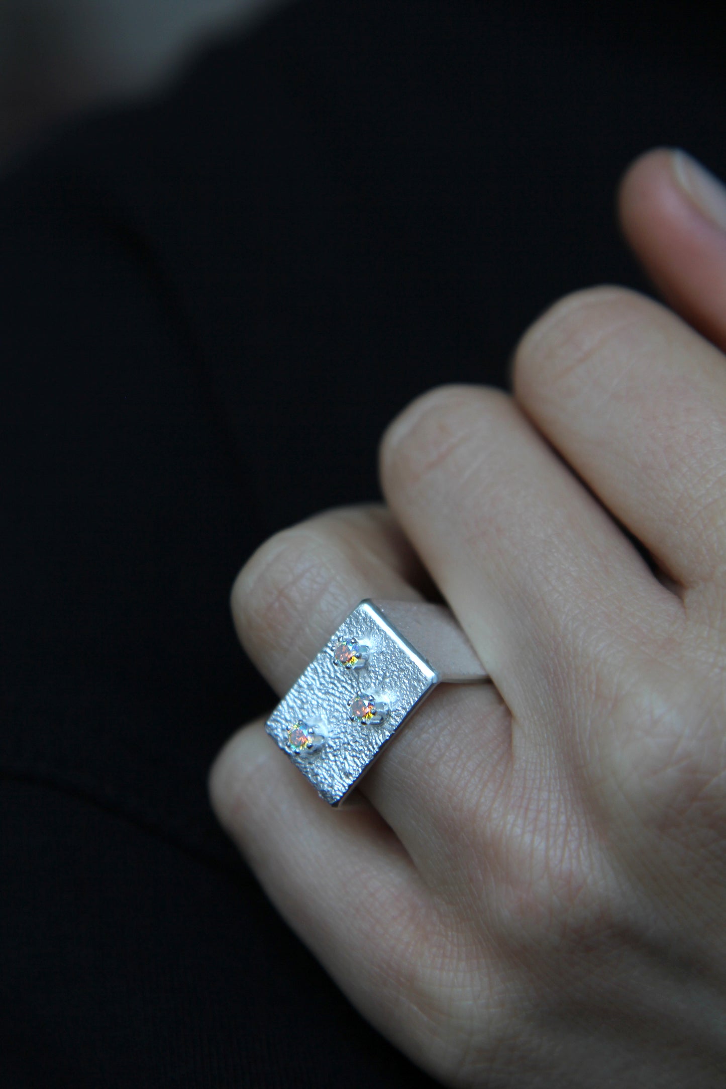 Wide Silver Square Ring With Rainbow Zircons