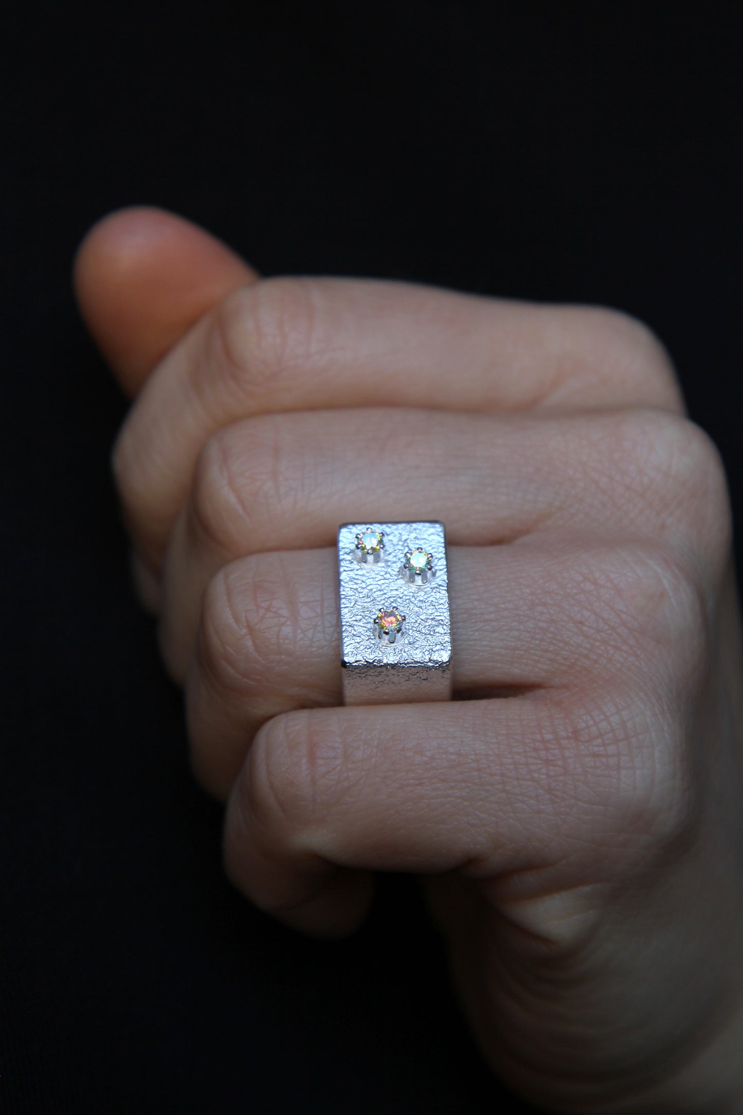 Wide Silver Square Ring With Rainbow Zircons