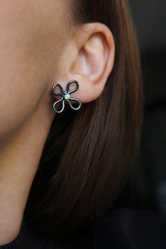 Dark Silver Clover Earrings With Zircon