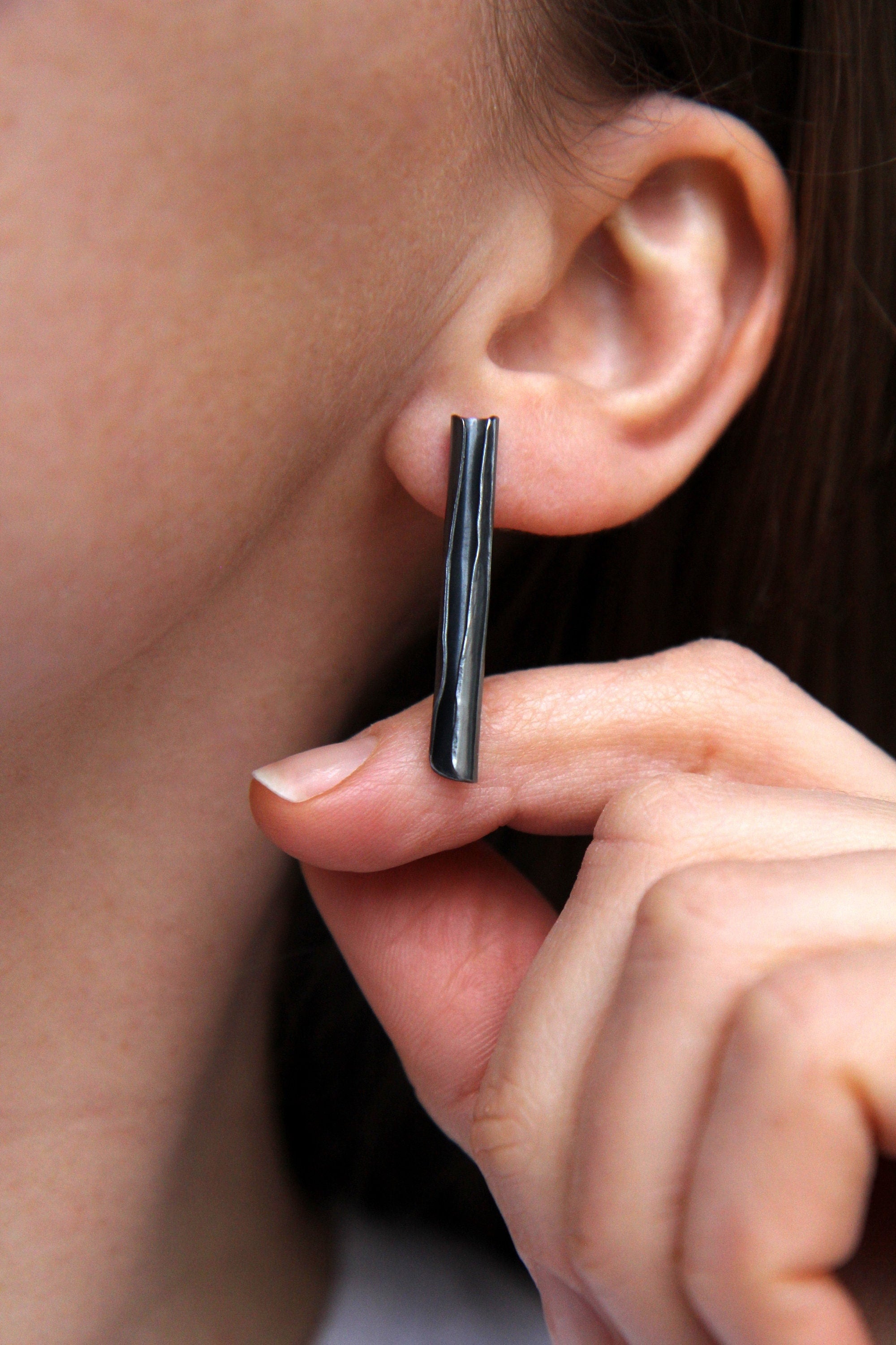 Black Silver Tube Stud Earrings Una Mikuda Jewelry
